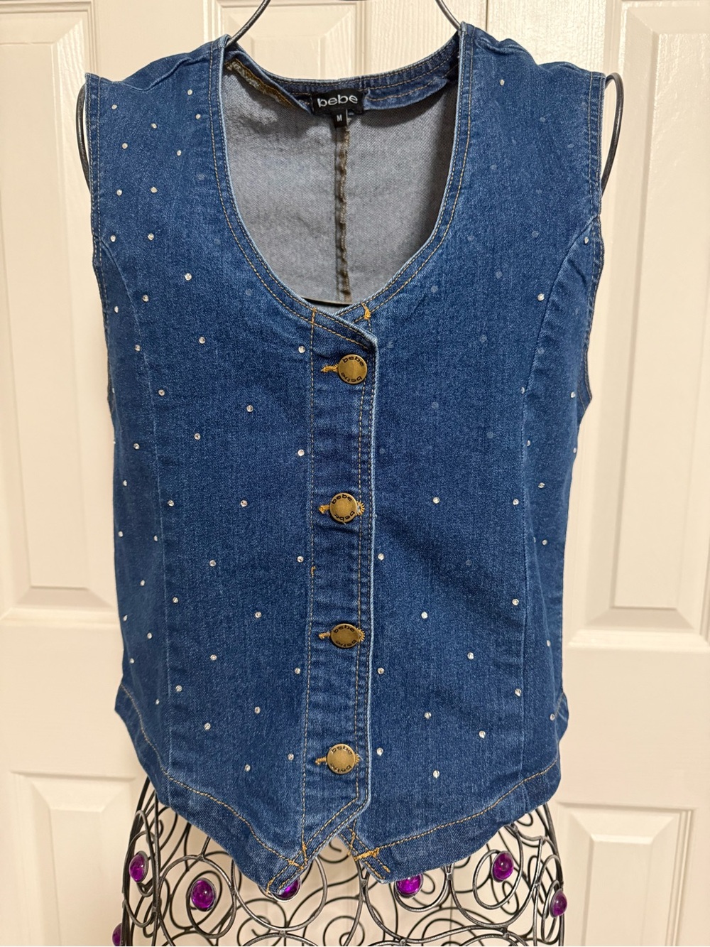 bebe Dark Indigo Denim Vest with Clear bead embellishments. M